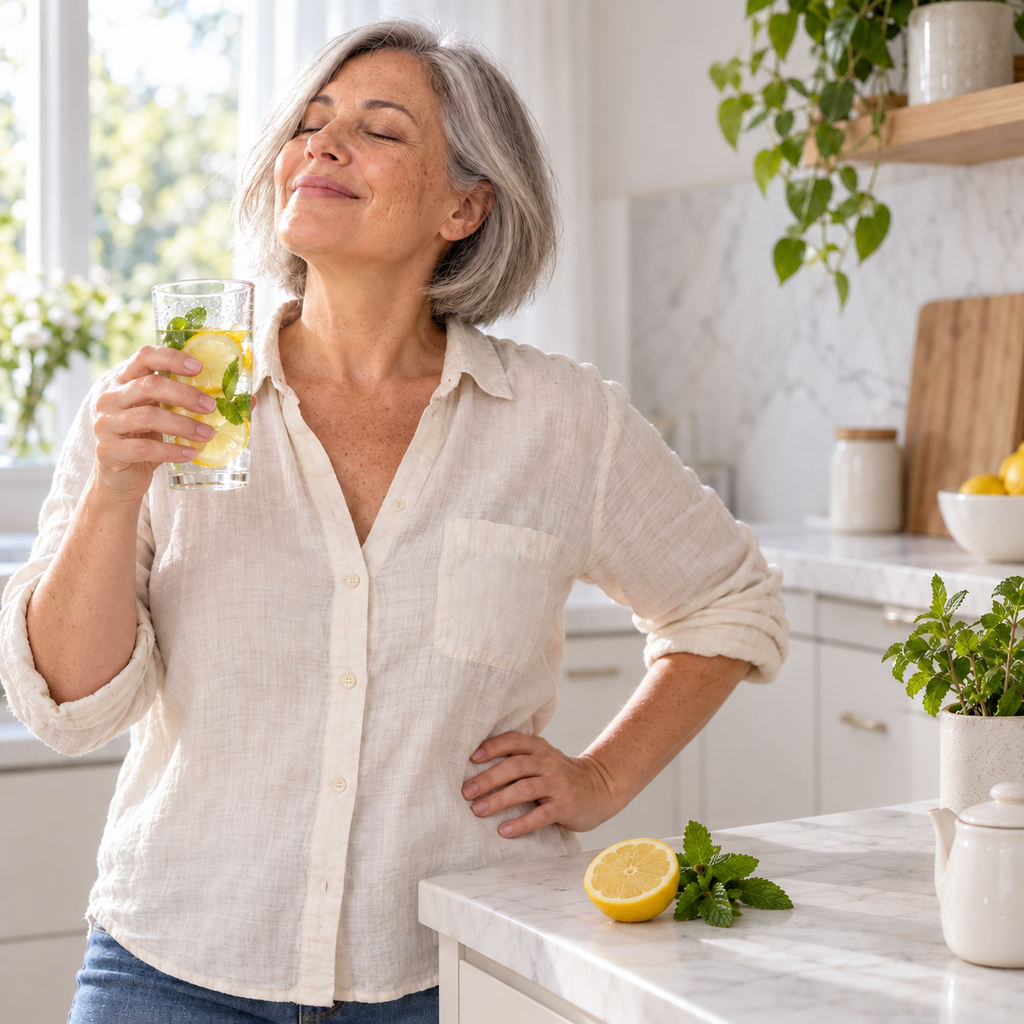 Mujer sintiéndose liviana con un vaso de agua con limón