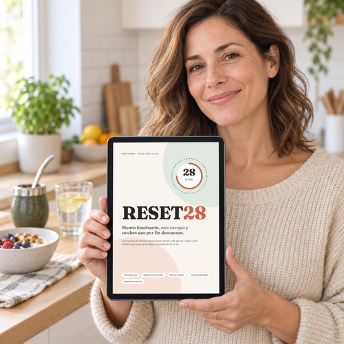 Mujer mostrando el programa RESET 28 en una tablet
